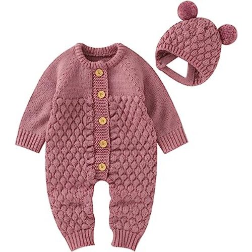Newborn Baby Boy Girl Winter Clothes Knitted Sweater Romper Crewneck Solid Color Jumpsuit Hat Infant Fall Outfit