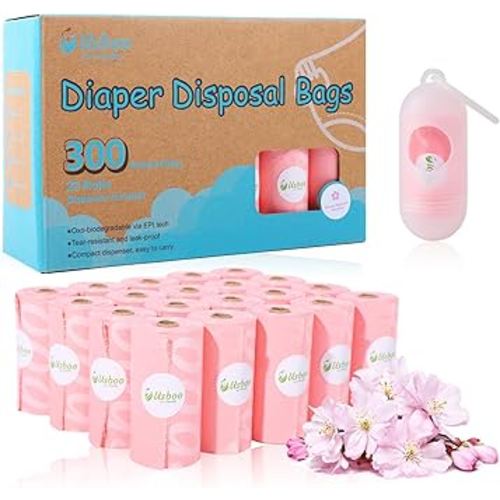Disposable Diaper Bags for Baby - 20 Refill Rolls (300 Pack), Disposable Trash Bag with Dispenser - Cherry Blossom Scented, Pink, Ideal for Diaper Dispoal