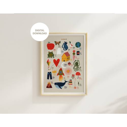 Hand-Illustrated Educational Alphabet - Wall Art for Nurseries, Classrooms, and Montessori Environments, Digital Download