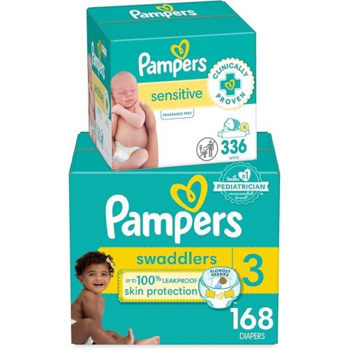 Diapers Size 3, 168 Count and Baby Wipes - Pampers Swaddlers Disposable Baby Diapers and Water Baby Wipes Sensitive Pop-Top Packs, 336 Count (Packaging May Vary)