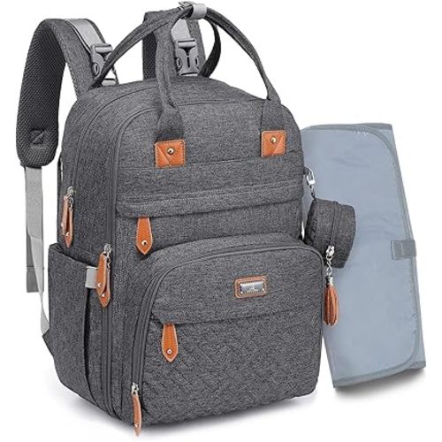 BabbleRoo Diaper Bag Backpack - Baby Essentials Travel Tote - Multi Function Waterproof Diaper Bag, Travel Essentials Baby Bag with Changing Pad, Stroller Straps & Pacifier Case - Unisex, Dark Gray