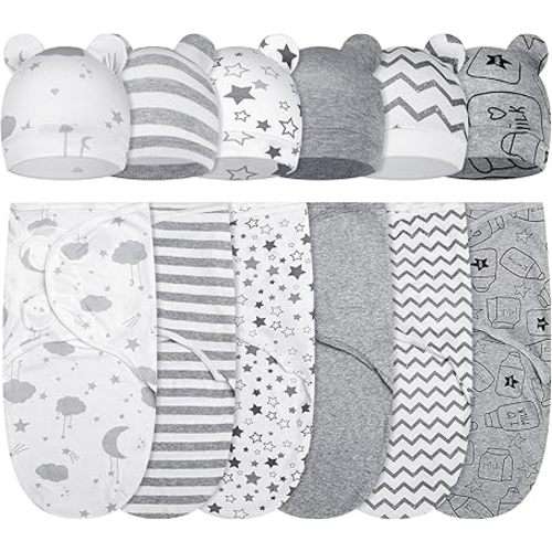 Ramede 6 Pack Baby Swaddle Blanket with Hats Sleep Swaddle for 0-3 Months Newborn Sacks Soft Cotton Wearable for Boy Girl