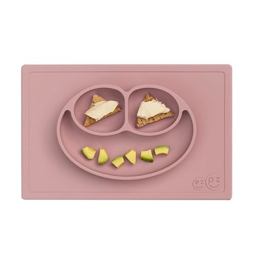 ezpz Happy Mat - 24 Months+ (Blush) - 100% Silicone Suction Plate with Built-in Placemat for Toddlers + Preschoolers - Divided Toddler Plates - Toddler Essentials