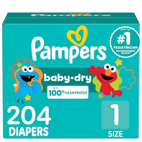 Pampers Diapers - Baby Dry - Size 1, 204 Count, Absorbent Disposable Infant Diaper (Packaging May Vary)