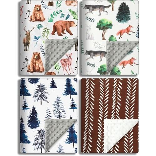 4 Pack Woodland Baby Blankets with Double Layer and Dotted Backing for Girls or Boys Breathable Soft Neutral Unisex Nursery Blankets with Animals Printed for Newborn Toddlers (Woodland)