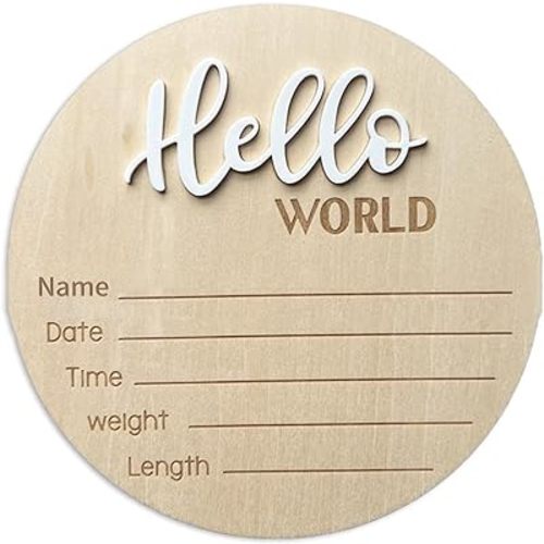 Baby Announcement Sign, 5.9 Inch Wooden Hello World Newborn Sign Birth Announcement Signs, Hello World Nursery Decor Sign & Photo Prop for Baby, Newborn Boys and Girls Gift(White)