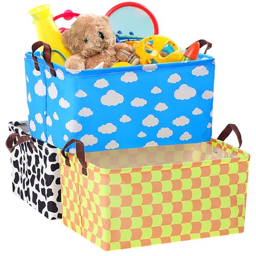 Yoojahow 3 Pack Storage Baskets Waterproof Canvas with Leather Handles Storage Bins Basket Organizer Collapsible for Closet Clothes Room Decor(Black, Yellow, Blue,Cartoon)