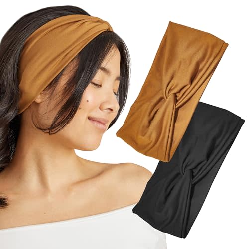 Kitsch Wide Headbands for Women - Fashion Sports Headband for Workout, Yoga, Gym, Running, Exercise | Stretchy Head Bands for Women’s Hair | Hair Accessories for Women - Black and Camel, 2pcs