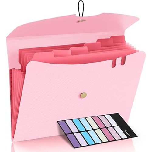 Sooez 7 Pocket Expanding File Folder, Premium Accordion File Organizer, Letter Size Folders for Documents, Sleek Filing Folders with Bungee Closure, Portable Folders for School Office Supplies, Pink