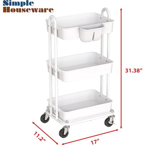 SimpleHouseware 3-Tier Kitchen Cart Multifunctional Rolling Utility Cart with Hanging Bucket, White