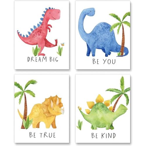 Gubrandin Watercolor Dinosaur Art Print Inspirational Quote Wall Art Nursery Bedroom Decoration Funny Animals Plants Poster for Boys or Girls Bedroom (8x10 inch,Set of 4,Unframed)