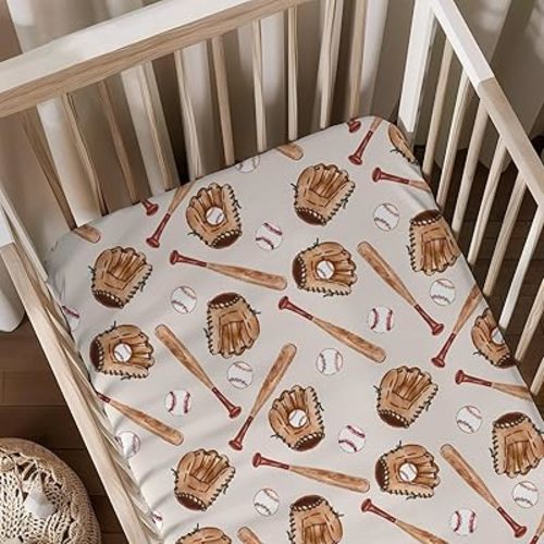 Watercolor Baseball Gloves Pattern Baby Sheets for Crib, Unisex Sport Theme Nursery Fitted Bed Sheet for Boys Girls Standard Crib and Toddler Mattress-28x52