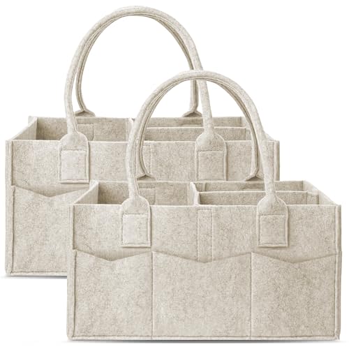 Cute Castle 2 Pack Diaper Caddy Organizer - Portable Baby Caddy Organizer with Handle, Nursery Storage Bin and Car Organizer for Girls, Boys - Baby Gift Basket - Oatmeal