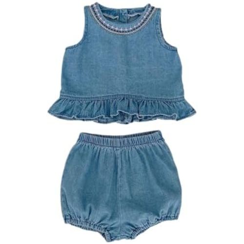 HOOLCHEAN Baby Infant Girls Soft Denim Sweet Sleeveless Ruffle Hem T-shirt Dress and Shorts Set