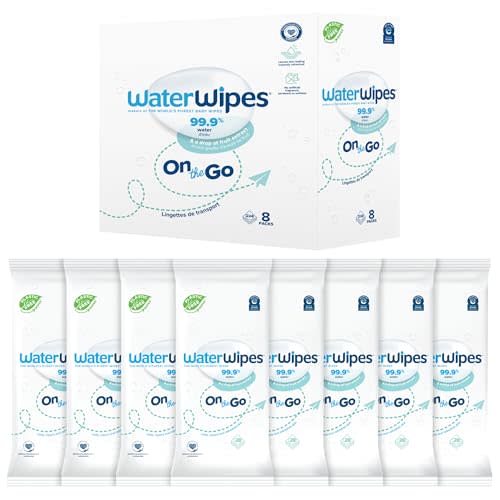 WaterWipes On The Go Wipes, 99.9% Water-Based Wipes for Travel, Sports, and to Refresh Skin, Unscented & Hypoallergenic, 224 Count (8 Packs)