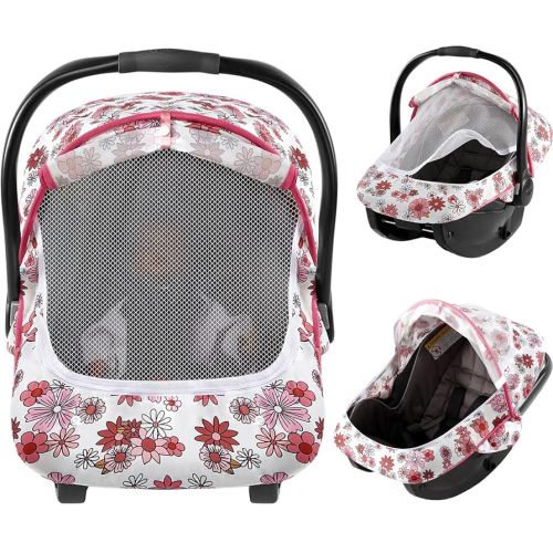 Baby Car Seat Cover, 2-in-1 Breathable Carseat Shade Protection & Mosquito Net, Dustproof Privacy Lightweight Canopy Covers for Infant Unisex, Mosquito net for Spring & Summer - Pink