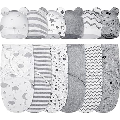 Ramede 6 Pack Baby Swaddle Blanket with Hats Sleep Swaddle for 0-3 Months Newborn Sacks Soft Cotton Wearable for Baby Boy Girl Sleeping(Star, Grey)