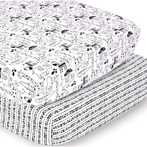 The Peanutshell Fitted Crib Sheet Set for Baby Boys or Girls | Zoo Animals and Tribal Stripes | 2 Pack Set
