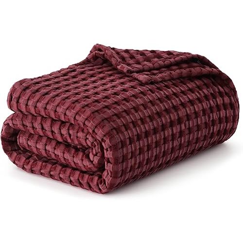 Bedsure Cooling Cotton Waffle Queen Size Blanket - Lightweight Breathable Blanket of Rayon Derived from Bamboo for Hot Sleepers, Luxury Throws for Bed, Couch and Sofa, Burgundy, 90x90 Inches