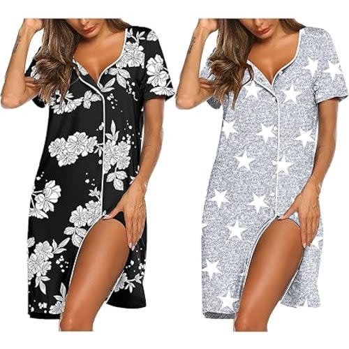 Ekouaer Nightgowns for Women 2 Pack Button Down Sleepshirt Short Sleeve Nightshirt Soft Sleepwear V Neck Pajama Dress