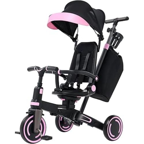 Aneco 9-in-1 Multi-functional Baby Tricycle for Toddlers 10 Months-3 Years with Removable Canopy Rotatable Seat Safety Harness Wheel Brake Adjustable Push Handle Storage Bag Cup Holder, Black and Pink