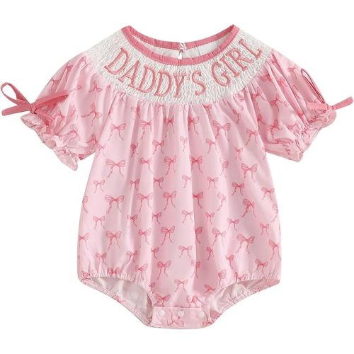 Newborn Baby Girl Romper Mamas Mini Bow Plaid Print Puff Sleeve Smocked Bubble Romper Jumpsuit Bodysuit Clothes