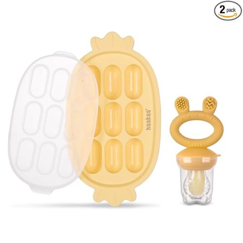 Haakaa Baby Fruit Food Feeder & Silicone Nibble Tray Combo - Breastmilk Popsicle Mold for Baby Cooling Relief, BPA Free Baby Mesh Feeder for Infant Self Feeding