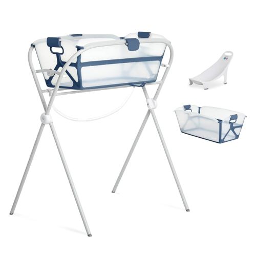 Evolur Supple Baby Spa Set with Infant Bathtub, Hammock Support Seat & Metal Frame, Newborn Tub for 0–12 Months, Complete Baby Care Essentials Gift Set for New Parents, White