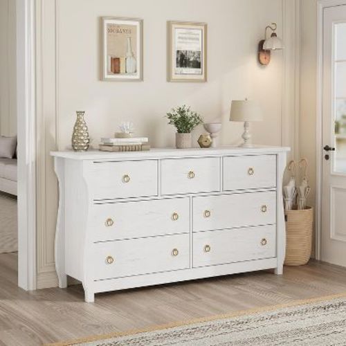 Natural Wood 7-Drawer Dresser - Tall Boho Dresser with Curved Legs, Rattan Accents, and Freestanding Storage for Living Room, Bedroom