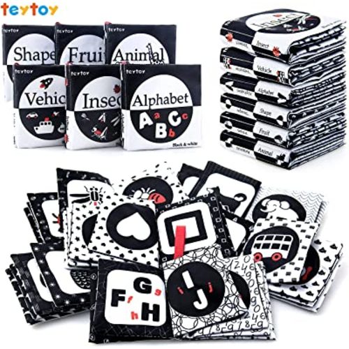 My First Soft Book,teytoy Nontoxic Fabric Baby Cloth Activity Crinkle Soft Black and White Book for Infants Boys and Girls Early Educational Toys Perfect for Baby Shower -Pack of 6