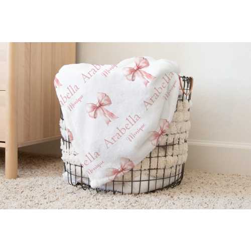 Custom Girl Pink Bow Blanket, Personalized Coquette Bow Baby Blanket, Name Pink Coquette Bow Blanket, Baby Girl Gift, Customized Baby Gift