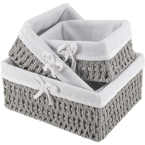 SHEUTSAN 3 PCS 3 Sizes Gray Woven Storage Basket with Removable Liner, Decorative Paper Rope Woven Storage Bin for Organizing and Storing