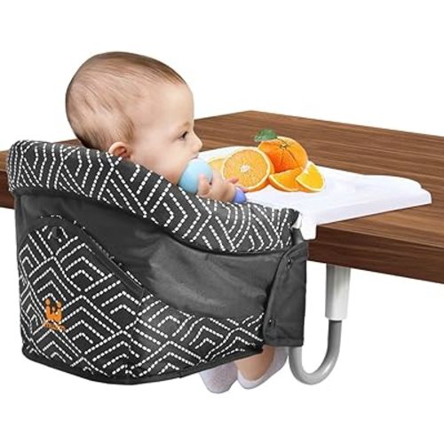 MTWML Hook On High Chair with Tray,Portable Baby High Chair That Attaches to Table,Clip On Fast Table High Chair for Babies and Toddlers.Baby Feeding Seat for Dining Table and Counter (Stripe-Black)