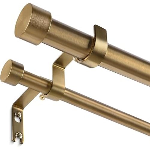 Warm Gold Double Curtain Rod, Brass Dual Curtain Rods for Windows 36 to 76 Inch, 1 Inch Adjustable Heavy Duty Spliced Double Rod, Pro-Plating Process, Aluminium Finials