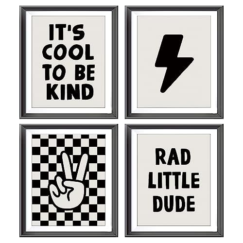 Retro Black Checkered Preppy Lightning Peace Hand Sign Poster Prints for Boy Teen Room Dorm Decor,Rad Little Dude Funny Decorations Prints Wall Art Unframed 4pcs 8x10inches,Teen Boys Gifts (8W×10L)