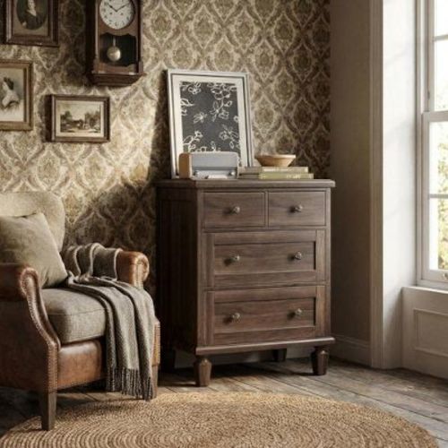 Vintage 4-Drawer Wood Dresser with Tapered Legs, Distressed Finish, for Bedroom, Living Room, Entryway