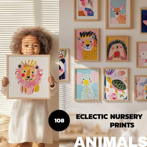 Bundle of 108 Eclectic Nursery Animal Prints for Toddler Playroom and Kids Room, Bold Color Arts, Digital Download, Commercial Use Too