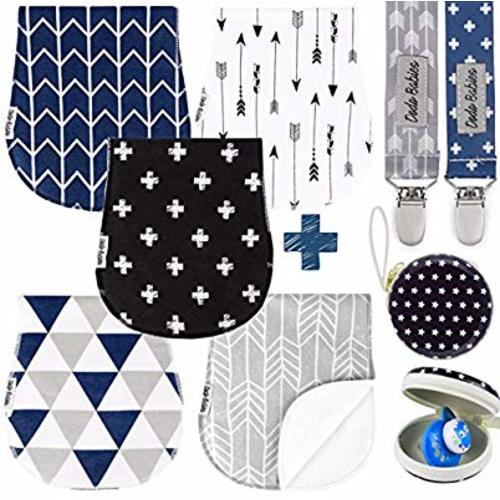 Baby Burp Cloths Pack of 5 by Dodo Babies + 2 Pacifier Clips + Pacifier Case in a Gift Bag, Premium Quality Unisex Boy or Girls Soft and Absorbent, Excellent Baby Shower/Registry Gift