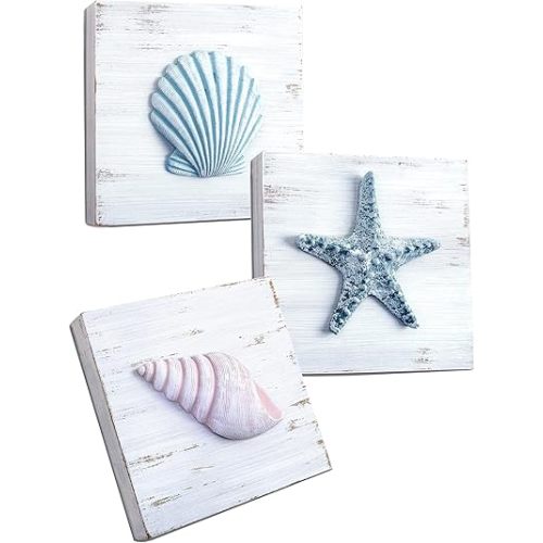 TideAndTales 3D Beach Wall Art - Seashell with Starfish for Coastal Bathroom Decor, Ocean Inspired Decor for Bathroom, Coastal Bedroom, Living Room or Beach House, Set of 3 (6”x 6”)