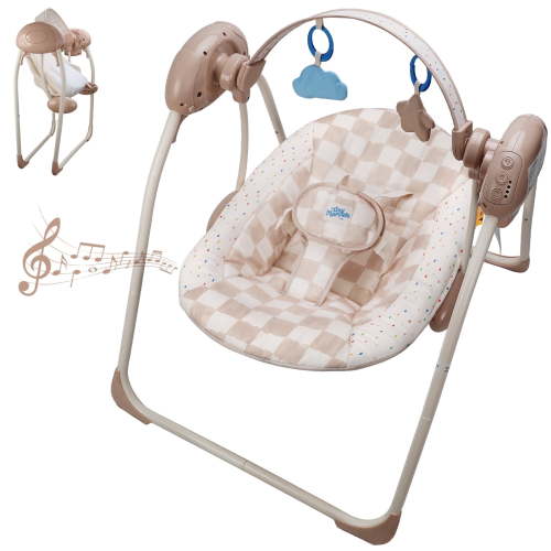 Tiny Marvels Deluxe Cozy Portable Baby Swings for Infants,Adaptable Speed,Music,Removable-Toy-Bar,0-9 Months(Sand Checker)