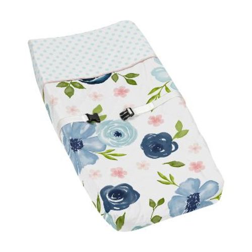 Sweet Jojo Designs Girl Changing Pad Cover Watercolor Floral Blue Pink And White