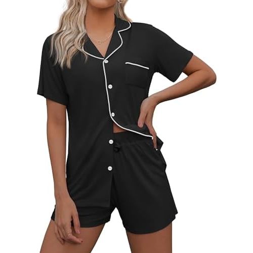 Ekouaer Pajamas Set for Women Short Sleeve Sleepwear Summer Button Down Nightwear Soft Pjs Lounge Set
