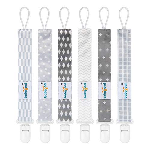 Babygoal Neutral Pacifier Clips, 6 Pack Binky Paci Holder and Leash for Boys and Girls Fits for Most Pacifier, Binkie Styles & Baby Teethers & Toys and Gift 6PS09