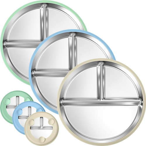 3 Pack Stainless Steel Kids Plate with Suction - 9" Divided Toddler Baby Plates with Silicone Sleeves Non-Slip 2-in-1 Anti Breakage Metal Toddler Bowls Microwave Dishwasher Safe