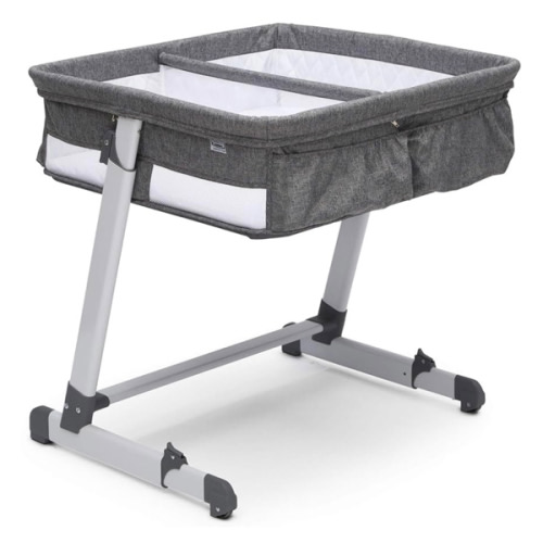 Simmons Kids By The Bed City Sleeper Bassinet for Twins - Adjustable Height Portable Crib with Wheels & Airflow Mesh, Grey Tweed