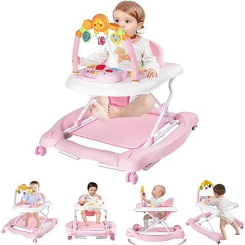 Baby Walker with Wheels, 5 in 1 Baby Walkers for Boys Girls 6-12 Months, Foldable Walker Baby with Bouncer & Feeding Tray, Music, Adjustable Heights