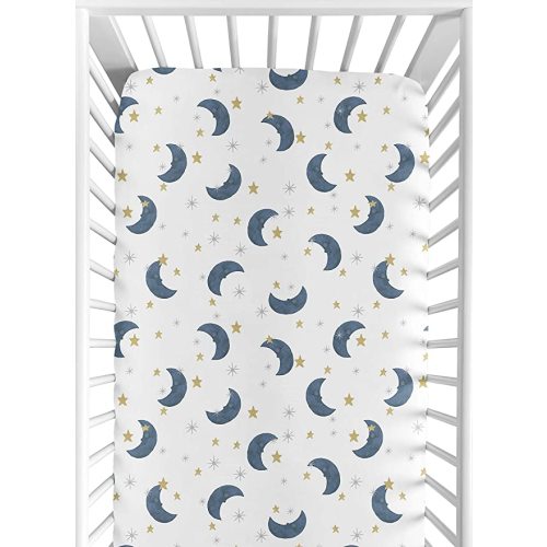 Sweet Jojo Designs Fitted Baby Crib Sheets (Moon and Star) for Boys or Girls, Infant Nursery, Toddler Room - Standard Size (Watercolor, Celestial, Sky, Navy Blue and Gold Moons and Stars)