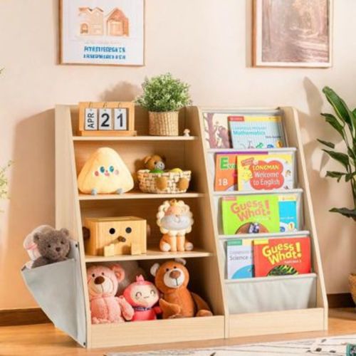 FONTOI Kids Bookshelf, Book Shelf with Side Pocket, 4 Tier Sling Bookcase Toy Organizer Toddler Nursery Book Shelves, Brown, 35.4"x 15.7" x 31.5"