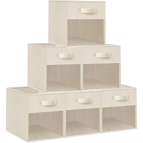 Storage Bins with Clear Window, 11x11 Storage Cubes, Collapsible Cube Storage Box, Fabric Closet Organizers with Handles for Home, Office, Shelf, Closets, Living Room, Beige, 6 Pack