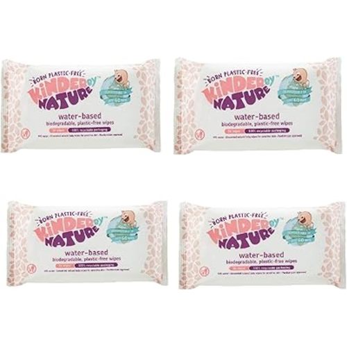 Kinder by Nature Water-Based Baby Wipes - 100% Biodegradable & Compostable, 224 Count (4 Packs of 56) - 99% Water, Plastic-Free Wipes